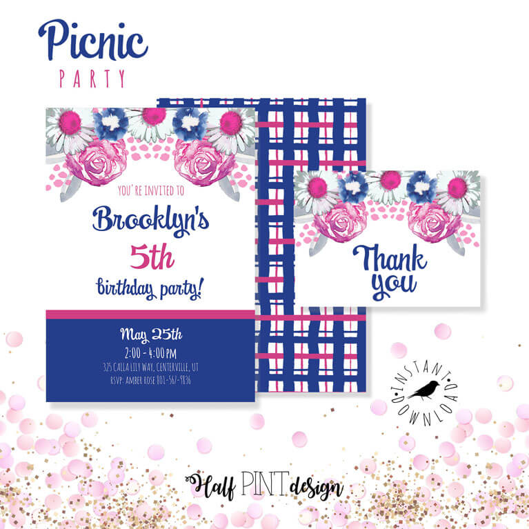 Floral and plaid birthday invitation for a charming summer picnic party